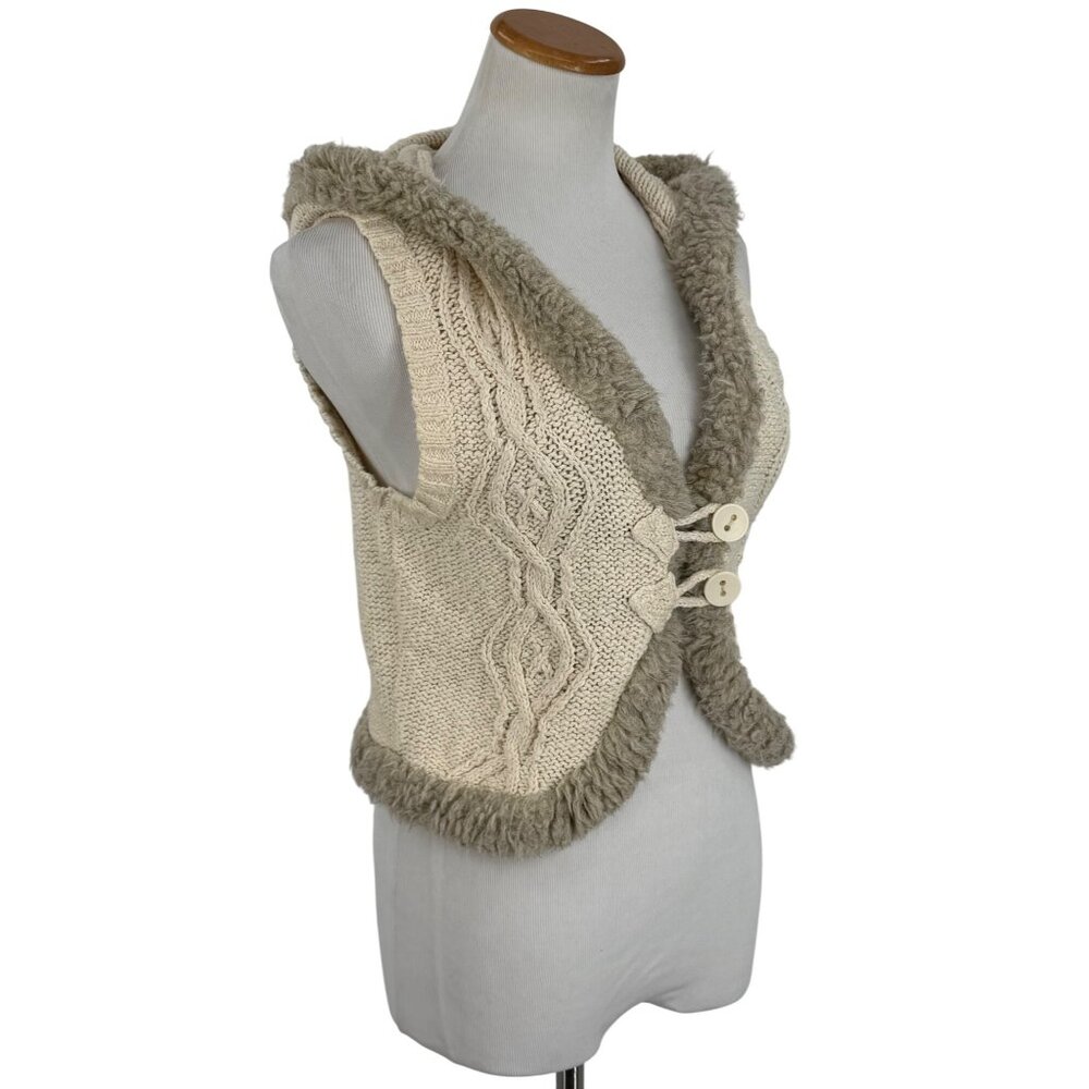 Vtg Y2K Old Navy Cream Cable Knit Faux Shearling Trim Hooded Boho Sweater Vest L - Picture 12 of 16